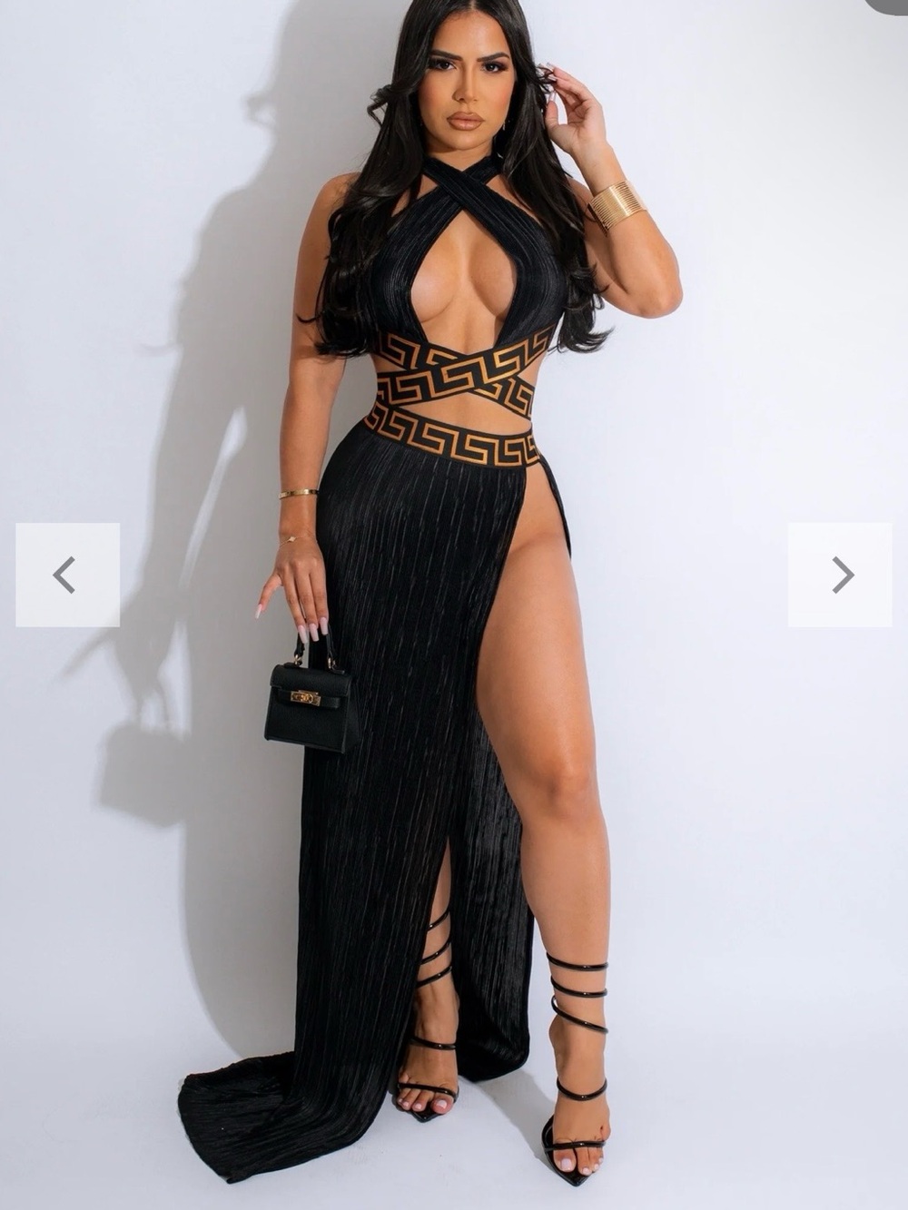 Plunge Halter Black & Gold Maxi Skirt Set with High Slit Sz L